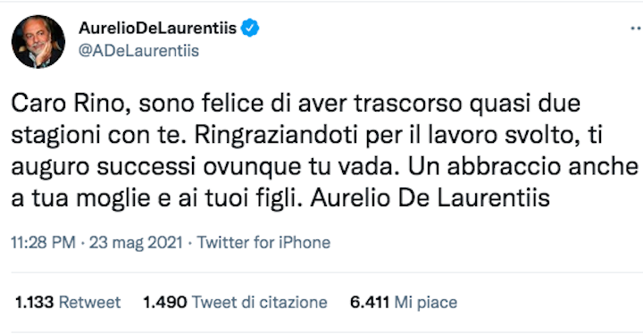 De Laurentiis congeda Gattuso con un tweet: "Grazie e un abbraccio a moglie e figli"