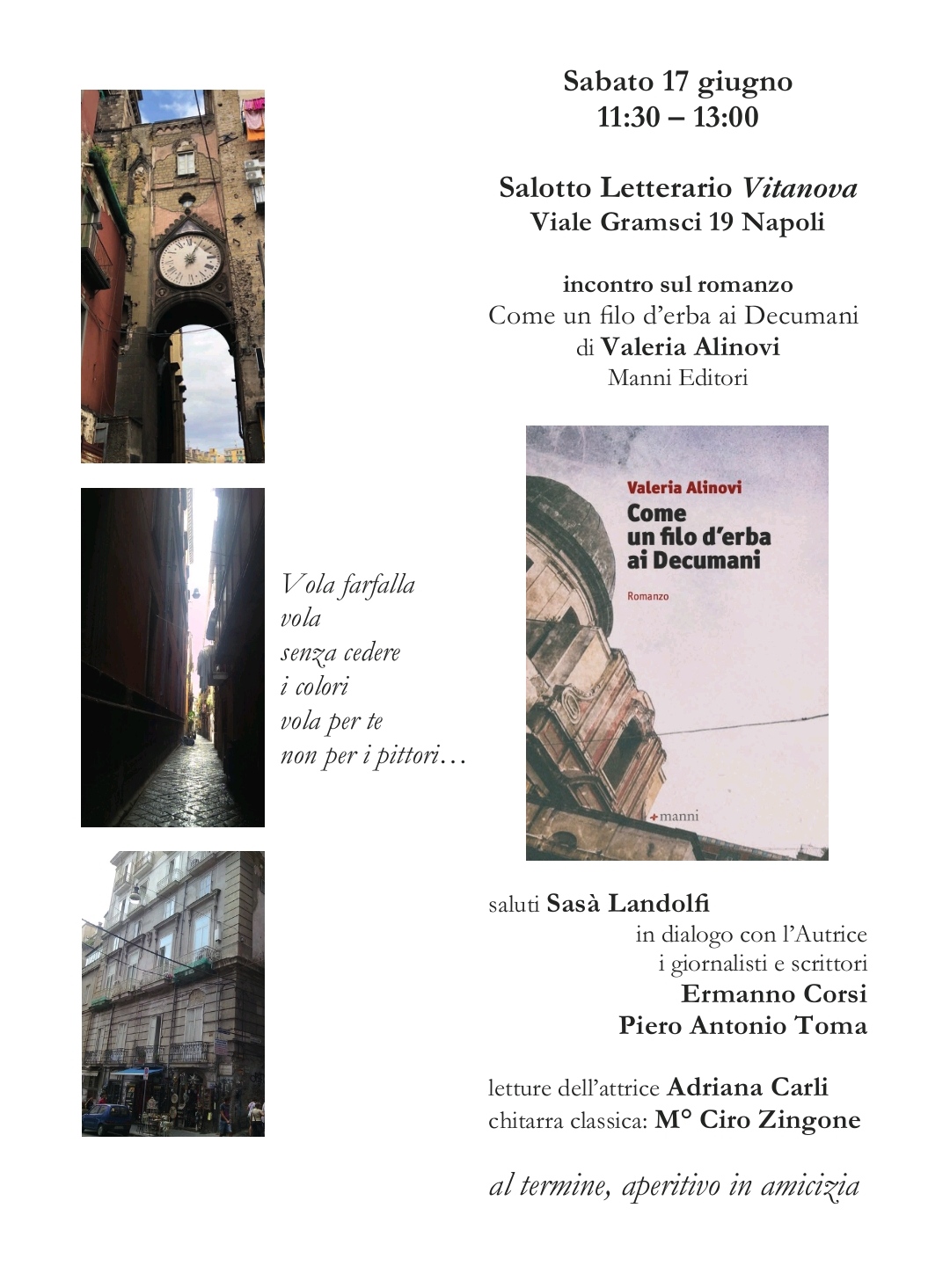 Salotto Vitanova, presentazione del volume “Come un filo d’erba ai decumani” di Valeria Alinovi il 17 giugno