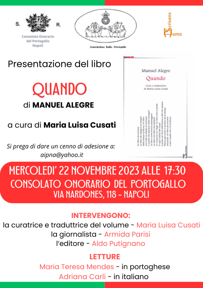 Al Consolato Onorario del Portogallo di Napoli, un appuntamento con la poesia di Manuel Alegre, edito da Homo Scrivens