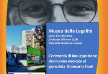 Scampia, al Liceo Elsa Morante inaugurazione murale dedicato a Giancarlo Siani realizzato da Alfonso Ruggieri