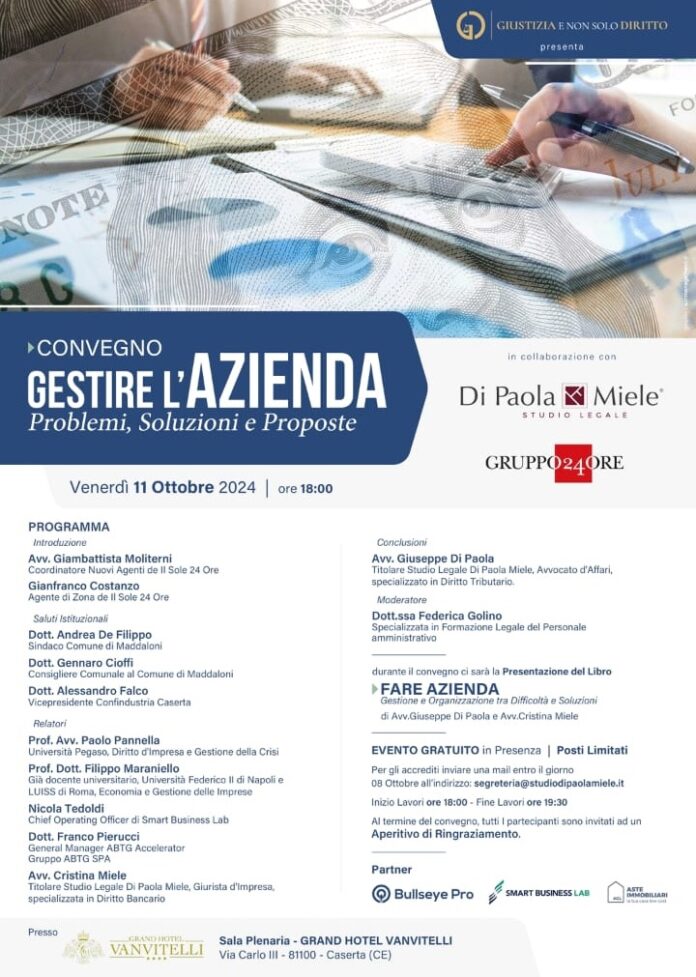 "Gestire l'azienda - Problemi, Soluzioni e Proposte", convegno 11 ottobre dello Studio Legale Di Paola - Miele