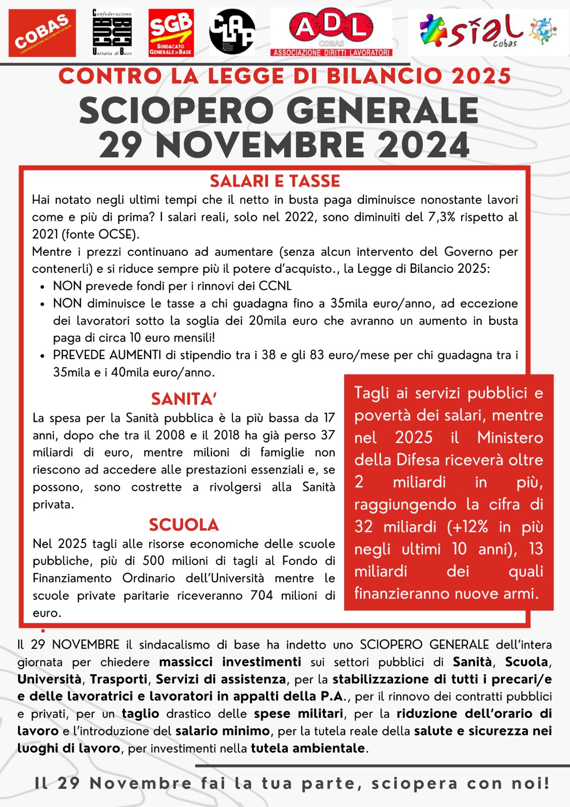 29 novembre sciopero generale COBAS e altri sindacati, con manifestazioni territoriali: a Napoli in Piazza Municipio