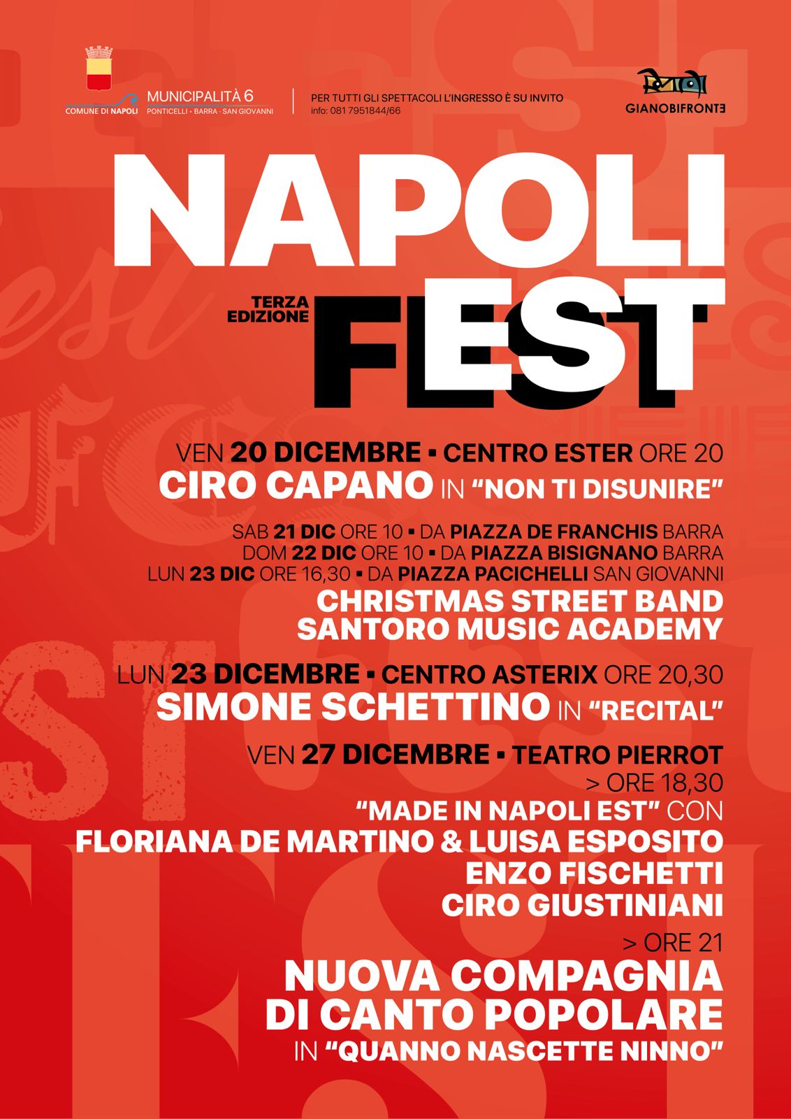 Nell’ambito della terza edizione del Napoli Est Fest, la rassegna in corso nella VI municipalità, oggi 23 dicembre il comico Simone Schettino, celebre per il suo stile ironico e graffiante, salirà sul palco del Centro Asterix in via Atripaldi 2 a Barra con il suo spettacolo dal titolo “Recital”
https://www.roadtvitalia.it/napoli-est-fest-simone-schettino-al-centro-asterix/