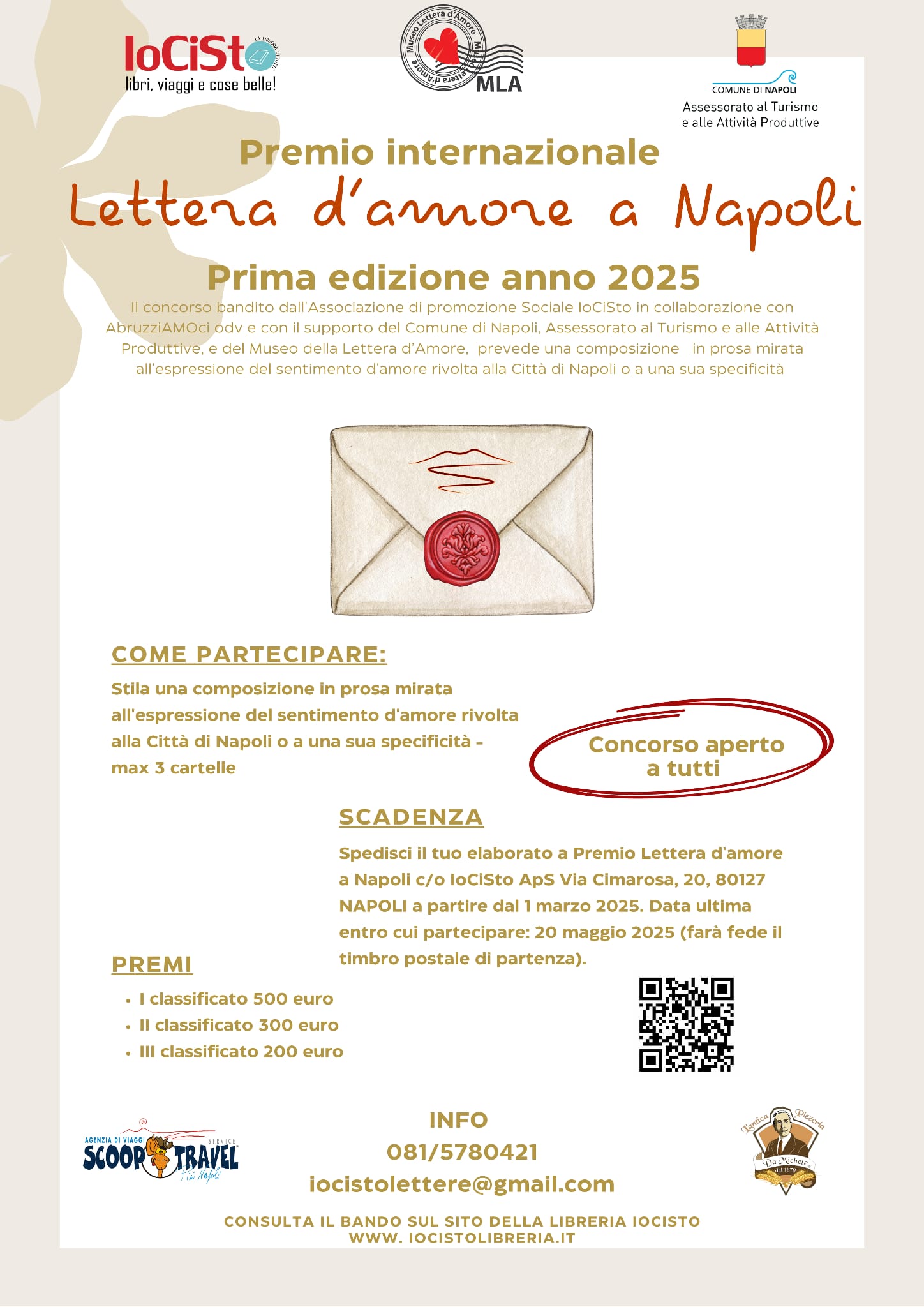 Il Premio letterario "Lettere d'amore a Napoli" partirà il 1° marzo e si chiuderà il 20 maggio. La premiazione avverrà il 21 luglio, giorno del compleanno di IoCiSto
