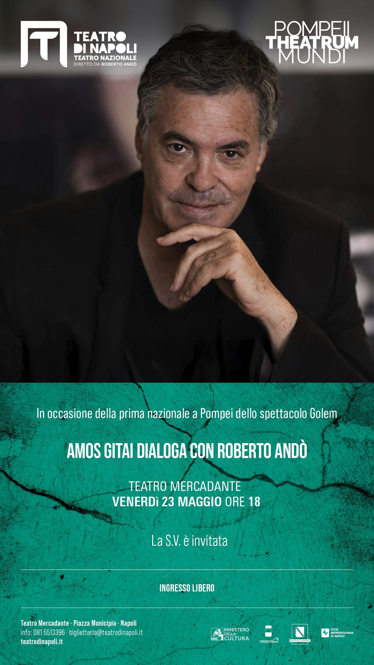 Teatro Mercadante, Amos Gitai dialoga con Roberto Andò venerdì 23 maggio