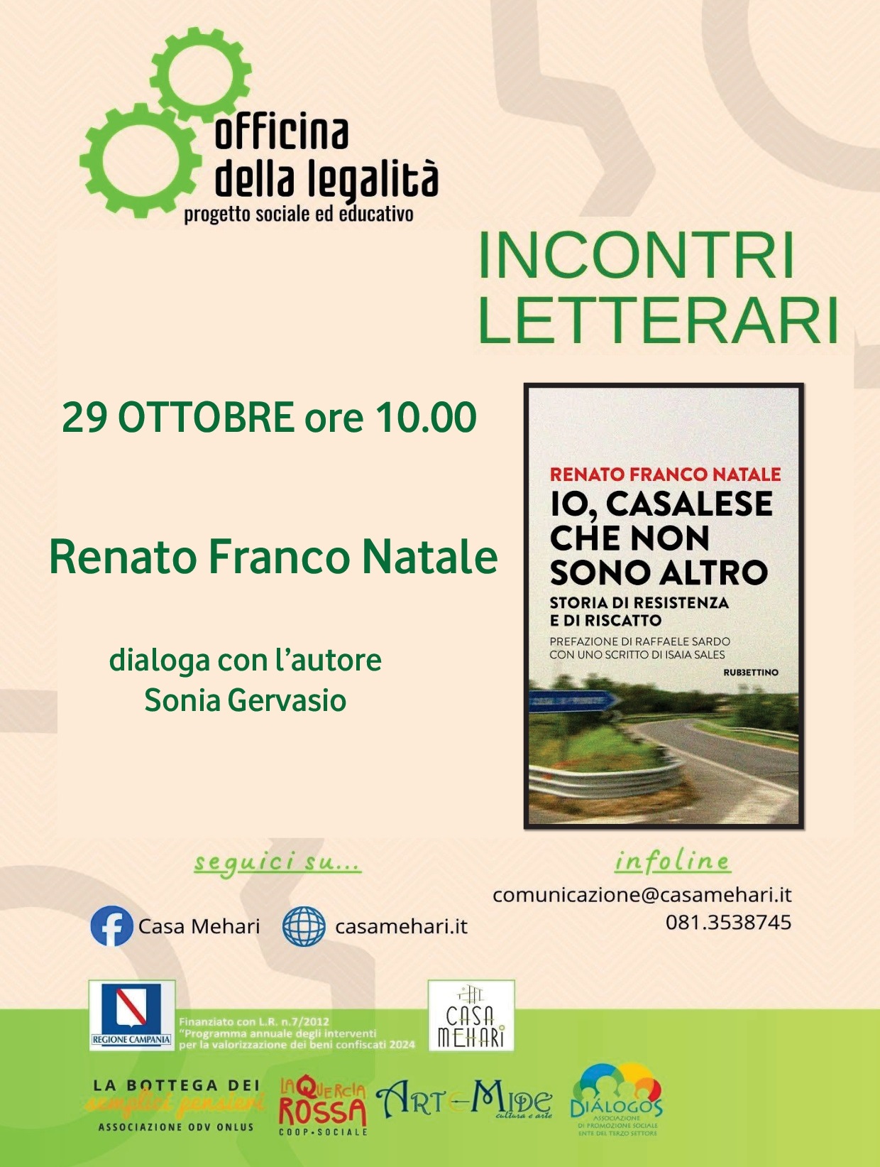 Quarto, “Officina della Legalità”: giovedì a Casa Mehari la presentazione del libro di Renato Natale “Io, casalese che non sono altro”